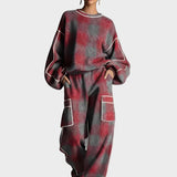 Natasa | Γυναικείο Κόκκινο Και Γκρι Πλαίσιο Βουρτσισμένο Κατεστραμμένο Στυλ Δρόμου Σετ Παντελονιού Με Χρωματιστές Λεπτομέρειες