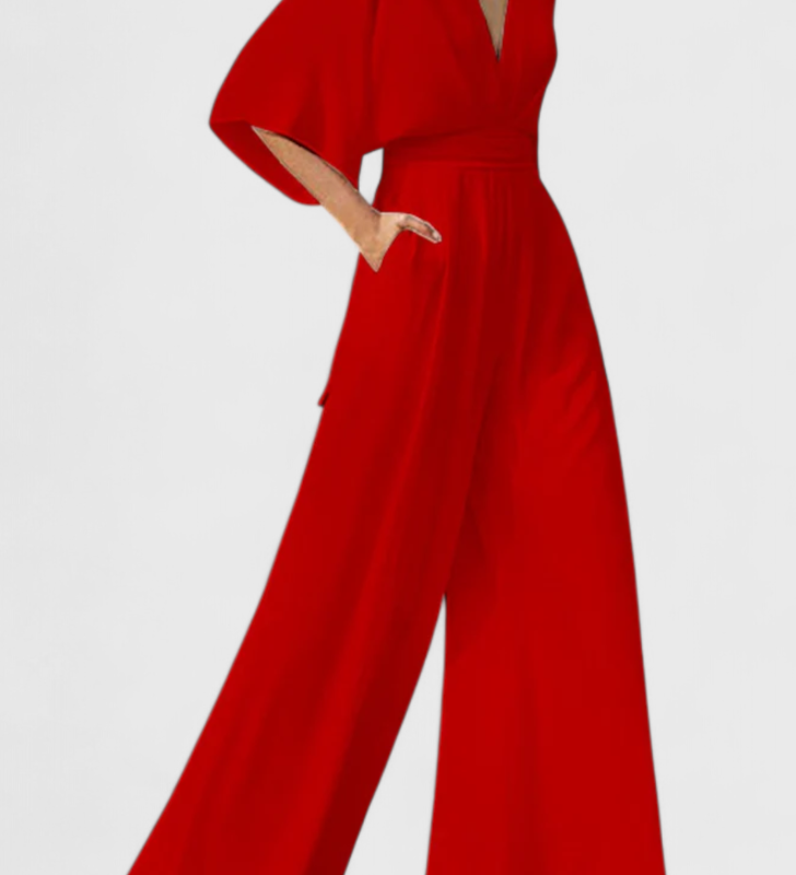 Isaura Μακρύ Κομψό Ολόσωμο με Φαρδύ Μπατζάκι και Ντεκολτέ σε V