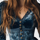 Marilena | Vintage Μπλε Βελούδινη Μπλούζα με Λουλούδια σε Στυλ Κορσέ