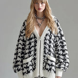 Ora | Περιστασιακή κομψή ζακέτα με V λαιμόκοψη, μονόπετο, oversized, μακρυμάνικο, πλεκτό, με σχέδιο houndstooth