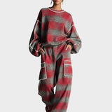Natasa | Γυναικείο Κόκκινο Και Γκρι Πλαίσιο Βουρτσισμένο Κατεστραμμένο Στυλ Δρόμου Σετ Παντελονιού Με Χρωματιστές Λεπτομέρειες