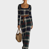 Minnie | Γυναικείο Μίνιμαλ Πλεκτό Μάξι Φόρεμα με Καρό Σχέδιο, Ζώνη και Τετράγωνη Λαιμόκοψη (Women's Minimalist Check Knit Belted Square Neck Maxi Dress)