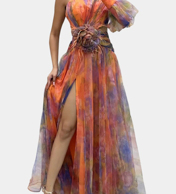 Amelie Φόρεμα Μάξι Ασύμμετρο Μονόωμο με Καλλιτεχνικό Σχέδιο