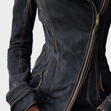 Hanne | Μπουφάν μοτοσικλέτας από vintage πλυμένο τζιν – Άκρη από κάρβουνο