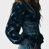 Marilena | Vintage Μπλε Βελούδινη Μπλούζα με Λουλούδια σε Στυλ Κορσέ