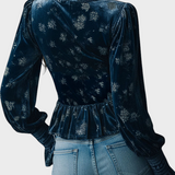 Marilena | Vintage Μπλε Βελούδινη Μπλούζα με Λουλούδια σε Στυλ Κορσέ