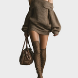 Sally | Γυναικείο Καφέ Πλεκτό Μίνι Φόρεμα με Έξω τους Ώμους (Off-shoulder)