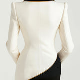 Sahra | Κομψό Ασύμμετρο Λευκό Μπλέιζερ με Μαύρα Κοντράστ Λαπλά