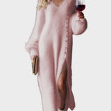 Βενετία | Άνετο, Κομψό Μίντι Πλεκτό Φόρεμα με V Λαιμόκοψη, Μεταλλικά Κουμπιά, Λευκή Απομίμηση Γούνας Κουνελιού και Σκίσιμο στο Πλάι