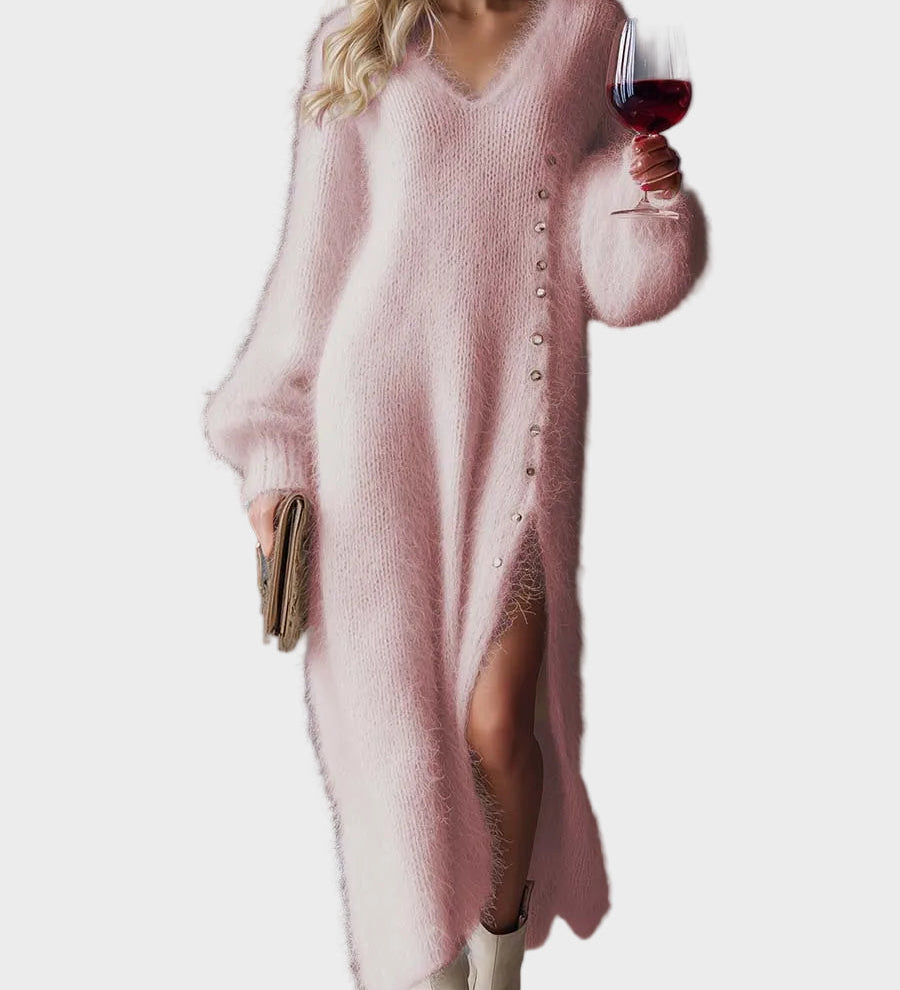 Βενετία | Άνετο, Κομψό Μίντι Πλεκτό Φόρεμα με V Λαιμόκοψη, Μεταλλικά Κουμπιά, Λευκή Απομίμηση Γούνας Κουνελιού και Σκίσιμο στο Πλάι