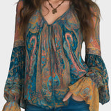 Alina | Μποέμ Σιφόν Μπλούζα με Λαχούρια σε Μπλε-Πράσινο (Teal) και Κεχριμπαρί (Amber) με Βολάν στις Μανσέτες