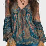 Alina | Μποέμ Σιφόν Μπλούζα με Λαχούρια σε Μπλε-Πράσινο (Teal) και Κεχριμπαρί (Amber) με Βολάν στις Μανσέτες