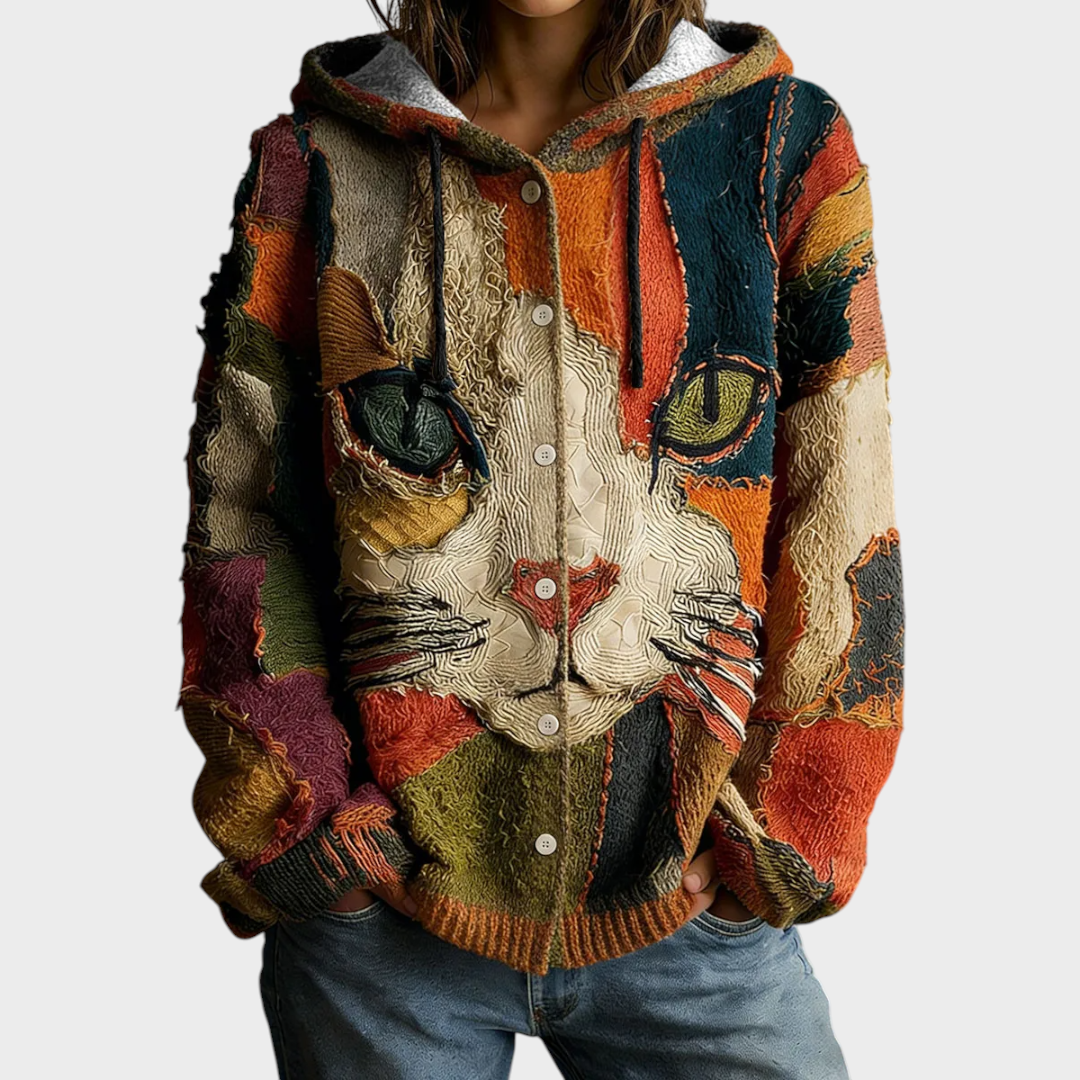 Jenny | Γυναικεία μπλούζα με V λαιμόκοψη και γεωμετρικό σχέδιο γάτας