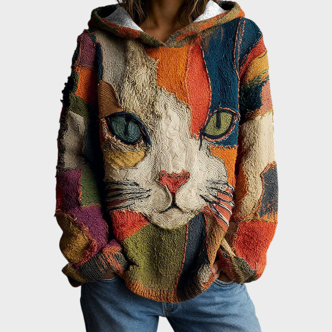 Jenny | Γυναικεία μπλούζα με V λαιμόκοψη και γεωμετρικό σχέδιο γάτας