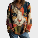 Jenny | Γυναικεία μπλούζα με V λαιμόκοψη και γεωμετρικό σχέδιο γάτας
