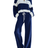 Marisol - Γυναικείο Casual Πλεκτό Σετ με Ρίγες σε Μπεζ και Λευκό, Γιακά και Φερμουάρ (Women's Beige And White Striped Knitted Collared Half-zip Casual Set)