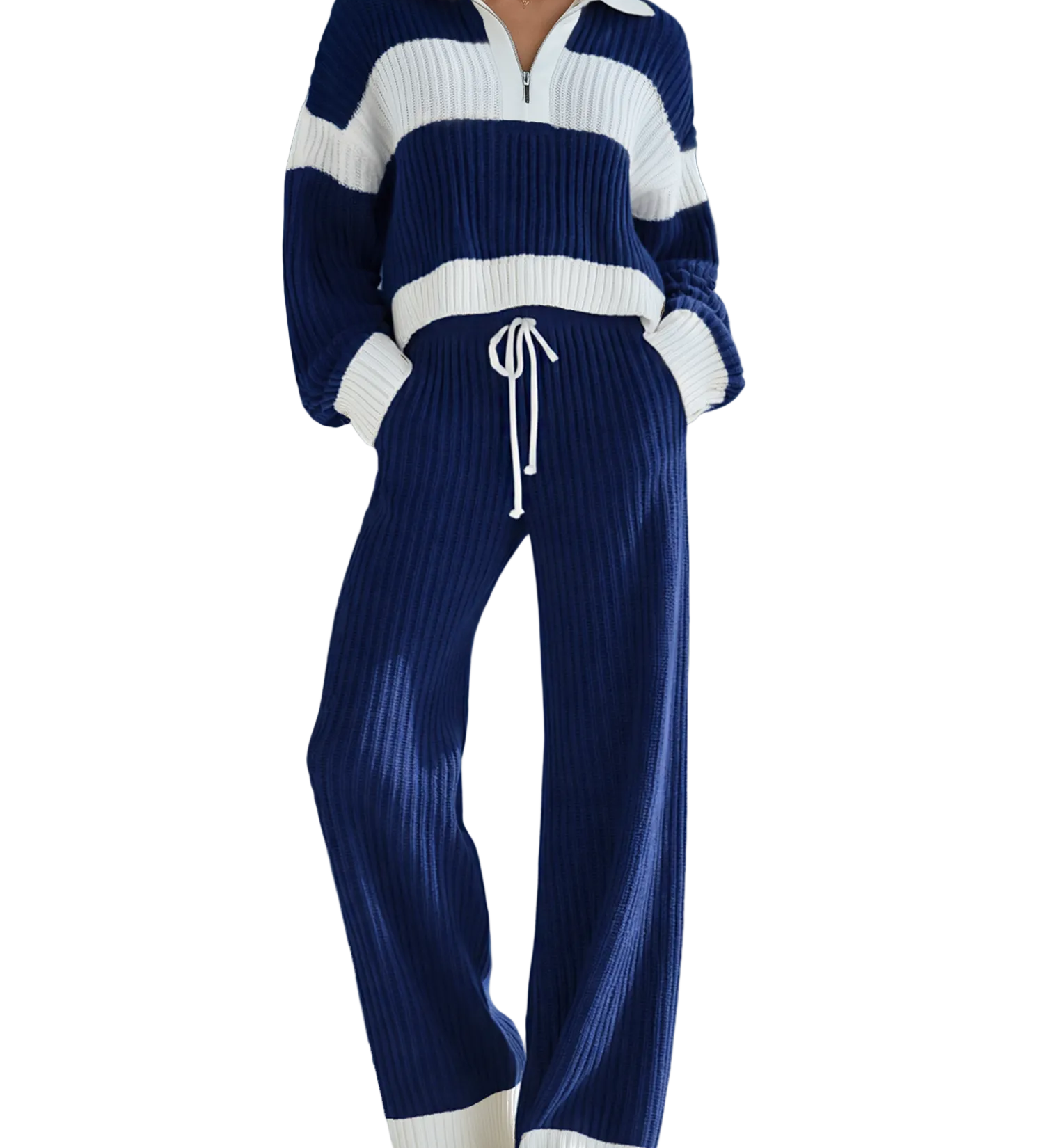 Marisol - Γυναικείο Casual Πλεκτό Σετ με Ρίγες σε Μπεζ και Λευκό, Γιακά και Φερμουάρ (Women's Beige And White Striped Knitted Collared Half-zip Casual Set)