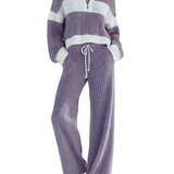 Marisol - Γυναικείο Casual Πλεκτό Σετ με Ρίγες σε Μπεζ και Λευκό, Γιακά και Φερμουάρ (Women's Beige And White Striped Knitted Collared Half-zip Casual Set)