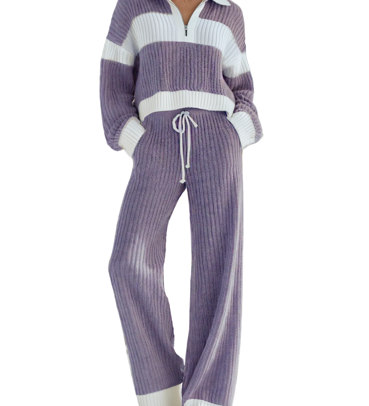 Marisol - Γυναικείο Casual Πλεκτό Σετ με Ρίγες σε Μπεζ και Λευκό, Γιακά και Φερμουάρ (Women's Beige And White Striped Knitted Collared Half-zip Casual Set)
