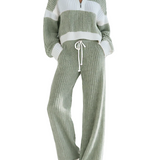 Marisol - Γυναικείο Casual Πλεκτό Σετ με Ρίγες σε Μπεζ και Λευκό, Γιακά και Φερμουάρ (Women's Beige And White Striped Knitted Collared Half-zip Casual Set)