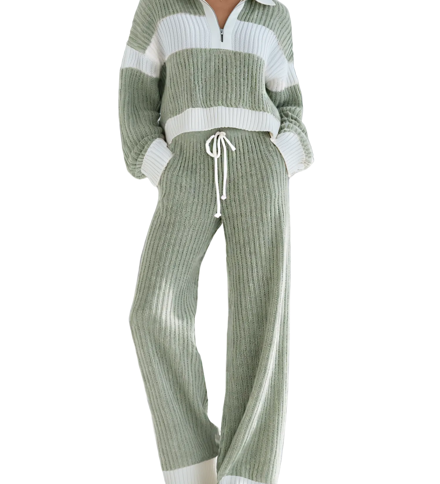 Marisol - Γυναικείο Casual Πλεκτό Σετ με Ρίγες σε Μπεζ και Λευκό, Γιακά και Φερμουάρ (Women's Beige And White Striped Knitted Collared Half-zip Casual Set)