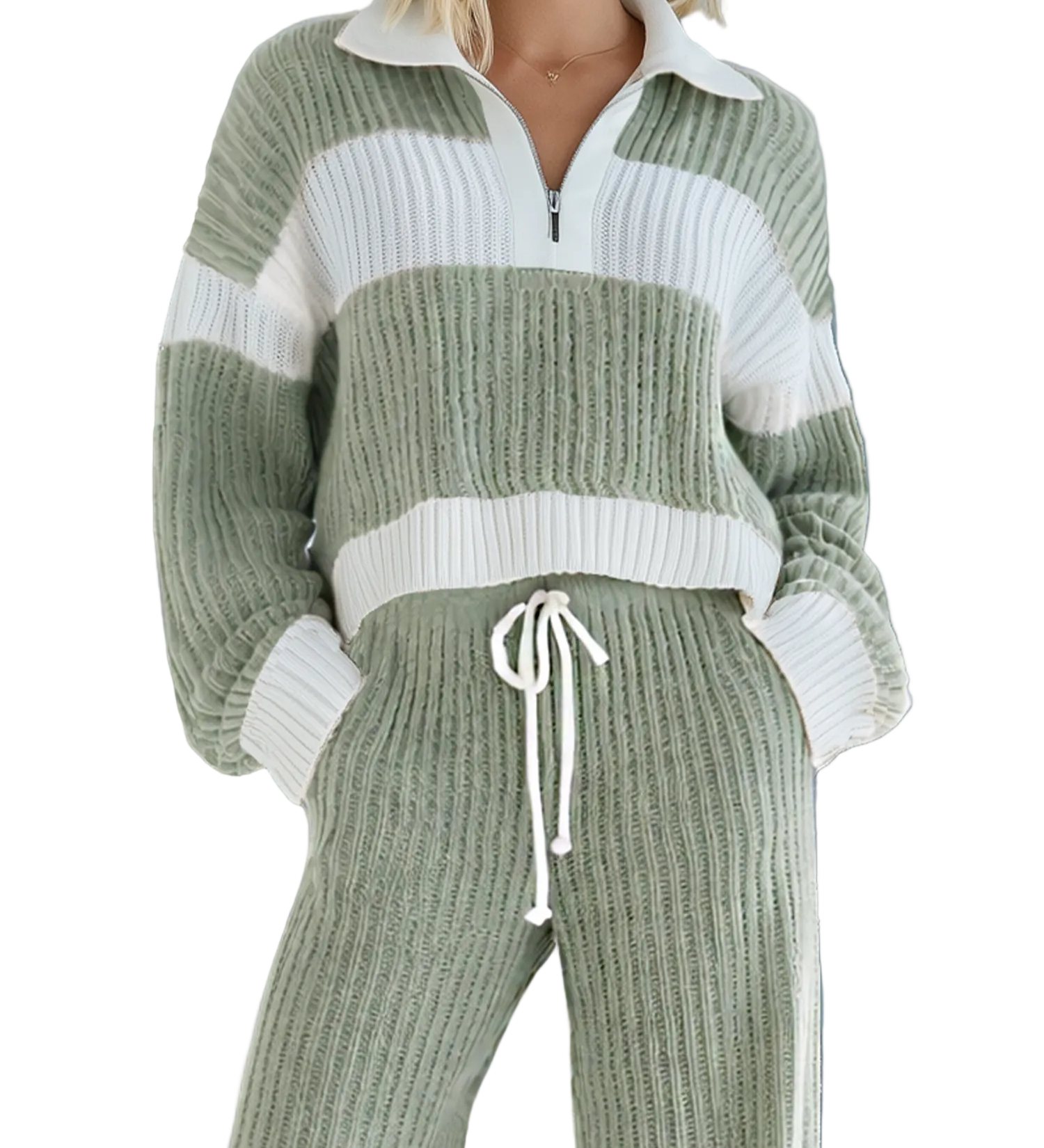 Marisol - Γυναικείο Casual Πλεκτό Σετ με Ρίγες σε Μπεζ και Λευκό, Γιακά και Φερμουάρ (Women's Beige And White Striped Knitted Collared Half-zip Casual Set)