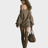 Sally | Γυναικείο Καφέ Πλεκτό Μίνι Φόρεμα με Έξω τους Ώμους (Off-shoulder)