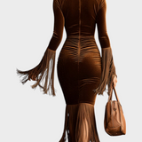 Ramona | Καφέ Βελούδινο Φόρεμα Μάξι με Κουμπί και Φούντες