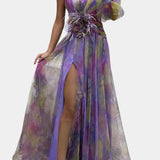 Amelie Φόρεμα Μάξι Ασύμμετρο Μονόωμο με Καλλιτεχνικό Σχέδιο