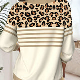 πλεκτό πουλόβερ V-λαιμόκοψη με αντίθεση και λεοπάρ σχέδιο