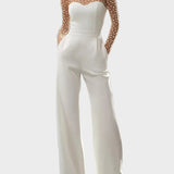 Tellie | Ολόσωμη Φόρμα σε Λευκό Χρώμα με Διαφάνεια στο Μπούστο και Διακόσμηση από Πέρλες (Pearl-Embellished Sheer Bodice White Jumpsuit)