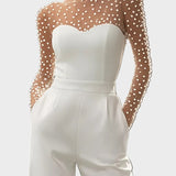 Tellie | Ολόσωμη Φόρμα σε Λευκό Χρώμα με Διαφάνεια στο Μπούστο και Διακόσμηση από Πέρλες (Pearl-Embellished Sheer Bodice White Jumpsuit)