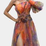 Amelie Φόρεμα Μάξι Ασύμμετρο Μονόωμο με Καλλιτεχνικό Σχέδιο