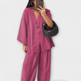 Jacqueline - Casual τοπ με V λαιμόκοψη και παντελόνι δίδυμο