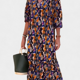 Teodora Ρετρό Φόρεμα με Λαιμόκοψη V και Φουσκωτά Μανίκια