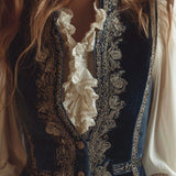 Melanie - Βίντατζ μπαρόκ βελούδινο κεντητό γιλέκο σε ναυτικό μπλε