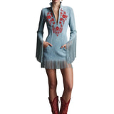 Astrid | Western Ρετρό Μπλε Μίνι Φόρεμα από Τεχνητό Σουέντ με Κόκκινο Κέντημα, Μακριά Μανίκια και Κρόσσια