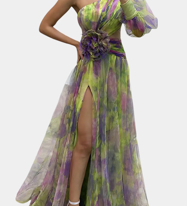 Amelie Φόρεμα Μάξι Ασύμμετρο Μονόωμο με Καλλιτεχνικό Σχέδιο