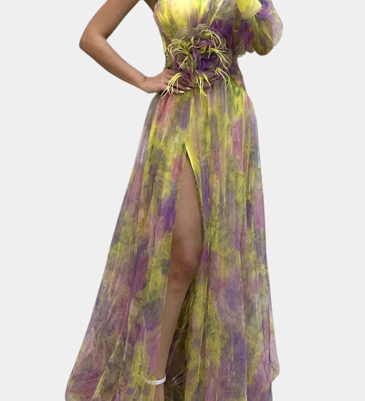 Amelie Φόρεμα Μάξι Ασύμμετρο Μονόωμο με Καλλιτεχνικό Σχέδιο