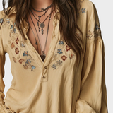 Καθημερινό Κίτρινο Βαμβακερό Πουκάμισο με Floral Κέντημα