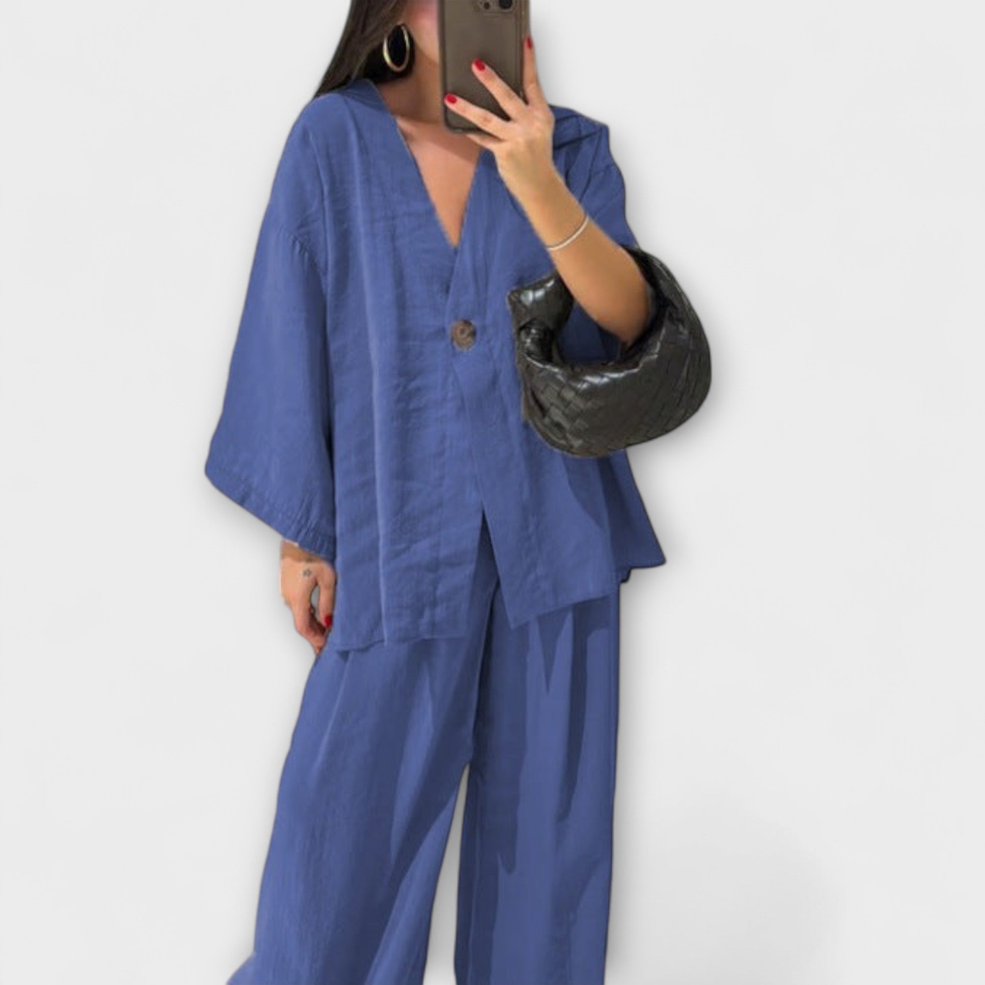 Jacqueline - Casual τοπ με V λαιμόκοψη και παντελόνι δίδυμο