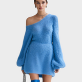 Λούσι | ElevenOra Chic Elegant Μπλε Μίνι Φόρεμα Με Έναν Ώμο Μακρύ Φουσκωτό Μανίκι A-Line