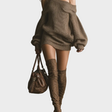 Sally | Γυναικείο Καφέ Πλεκτό Μίνι Φόρεμα με Έξω τους Ώμους (Off-shoulder)