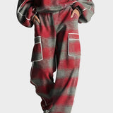 Natasa | Γυναικείο Κόκκινο Και Γκρι Πλαίσιο Βουρτσισμένο Κατεστραμμένο Στυλ Δρόμου Σετ Παντελονιού Με Χρωματιστές Λεπτομέρειες