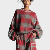 Natasa | Γυναικείο Κόκκινο Και Γκρι Πλαίσιο Βουρτσισμένο Κατεστραμμένο Στυλ Δρόμου Σετ Παντελονιού Με Χρωματιστές Λεπτομέρειες