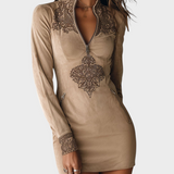 Zarina | Vintage Μπεζ Φόρεμα Μίνι με Φερμουάρ και Κεντήματα με Τσέπες