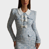 Tevera | Τουίντ Μίνι Φόρεμα με Αντιθετικό Γιακά και Διακοσμητικούς Φιόγκους