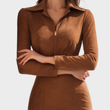 Orabella | Φόρεμα με Φερμουάρ από Καραμέλα Καφέ Σουέτ