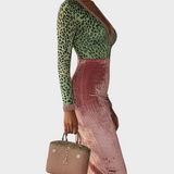 Regitze | Ροζ Βελούδινο Bodycon Φόρεμα Με Patchwork Ιμάντες Και Λεοπάρ Πατρόν