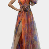 Amelie Φόρεμα Μάξι Ασύμμετρο Μονόωμο με Καλλιτεχνικό Σχέδιο